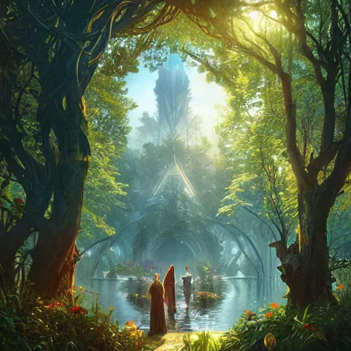 Image similar to incredible game level design, isometric view, lothlorien, trees, lights, fantasy, 8k, art by artgerm and greg rutkowski and alphonse mucha