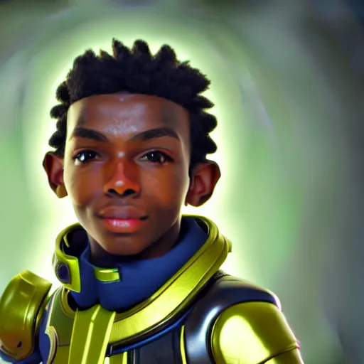 Prompt: a young boy with the appearance and armor of lucio from overwatch, design, octane render, 4 k, ingame shot