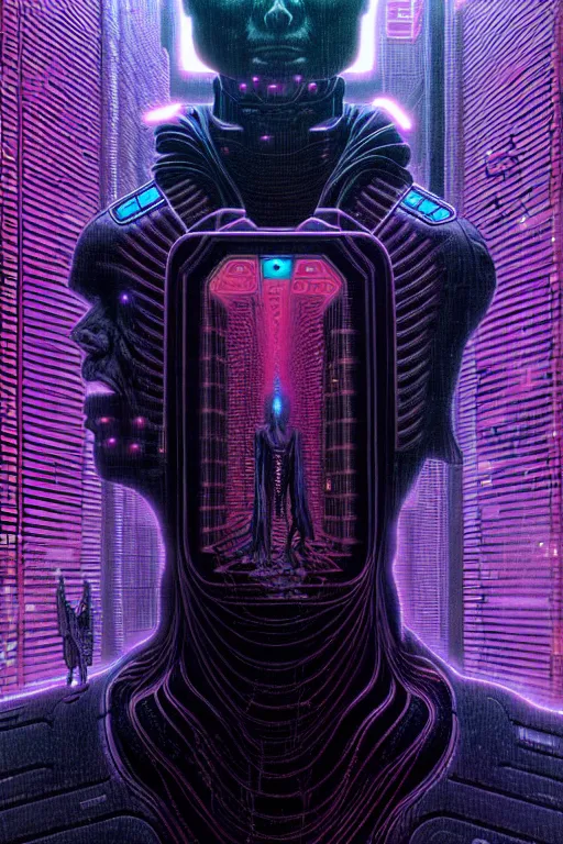 Prompt: a cyberpunk illustration, a godlike ai gains awareness by thomas ligotti and wayne barlowe