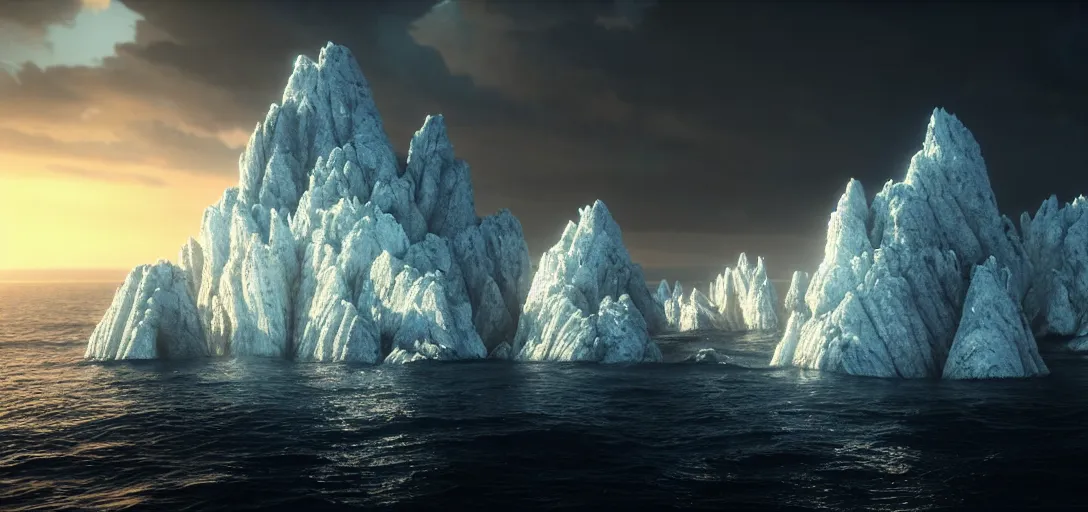 Image similar to octane render uhd, 8 k art photography, filmic lighting, cinematic art shot, hyperrealistic, hyperdetailed, super detailed, 8 k, high resolution, mysterious strangle glowing crystalline structure made of white rocks in the far distance, 8 k uhd matte painting by ross tran and ivan aivazovsky, black water, midnight