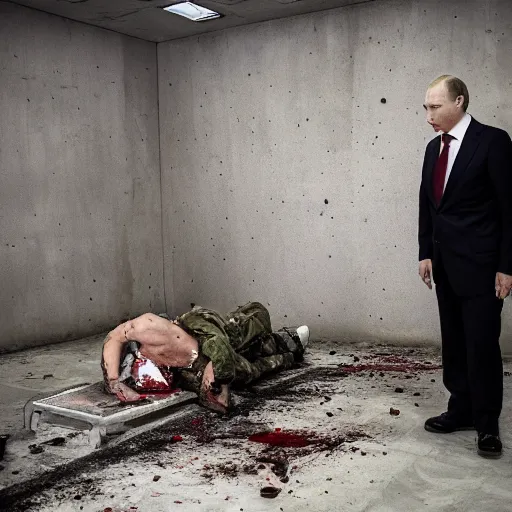 Image similar to putin with a chainsaw and a corpse. in a concrete bunker. focus on putins face with blood splatters. canon eos r 3, f / 1. 4, iso 1 6 0 0, 1 / 8 0 s, 8 k, raw, grainy