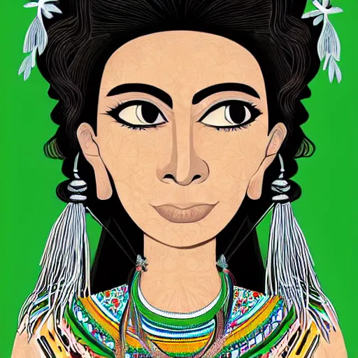 Image similar to beautiful illustration of a mexican woman of 4 0 years old, with curly black and silver hair, the woman has beautiful black eyes, her skin is light brown, she is dressed in shaman clothes, in the style of diego rivera