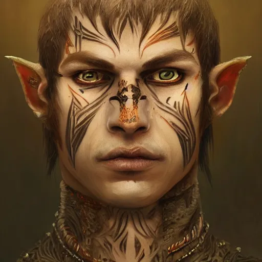 Image similar to portrait painting of an elven young man with short light orange hair and tribal tattoos on his face wearing fur armor, sharp focus, award - winning, trending on artstation, masterpiece, highly detailed, intricate. art by seb mckinnon