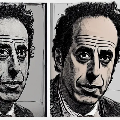 Image similar to a realistic yet scraggly portrait sketch of the side profile of a stern and sophisticated jerry seinfeld, trending on artstation, intricate details, in the style of frank auerbach, in the style of sergio aragones, in the style of martin ansin, in the style of david aja, in the style of mattias adolfsson