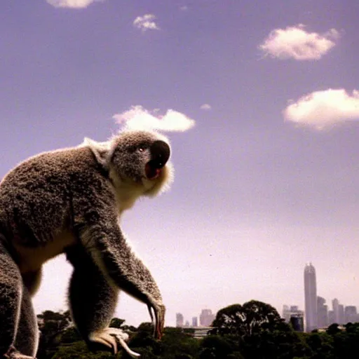 Image similar to epic real life scene of a giant koala attacking melbourne in 1 9 9 7