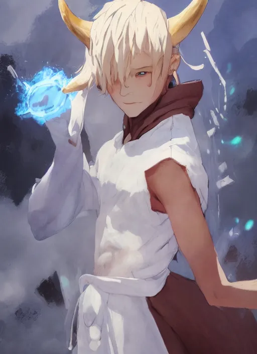 Image similar to concept art painting of a person with brown skin and short white hair, demon horns, white freckles, full clothing, blue clothes, blue robes, detailed, cel shaded, in the style of ruan jia and artgerm and makoto shinkai and james gurney