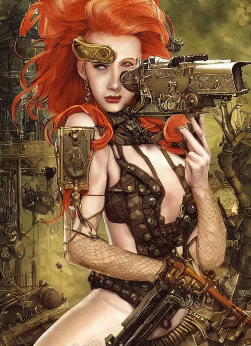 Image similar to 8K, realistic ginger Lady Mechanika in a Comic Book cover, holding a shotgun, and wearing victorian goggles in a ultradetailed Steampunk scenary, smooth, sharp focus, illustration. Art by Artgerm and Peter Andrew Jones and Pete Tapang and Alina Ivanchenko and Hirokazu Yokohara and Kago Shintaro. Trending on artstation, featured in Deviantart, Wallhaven Wallpaper, sharp focus, D&D, detailed, intricate, cinematic lighting,