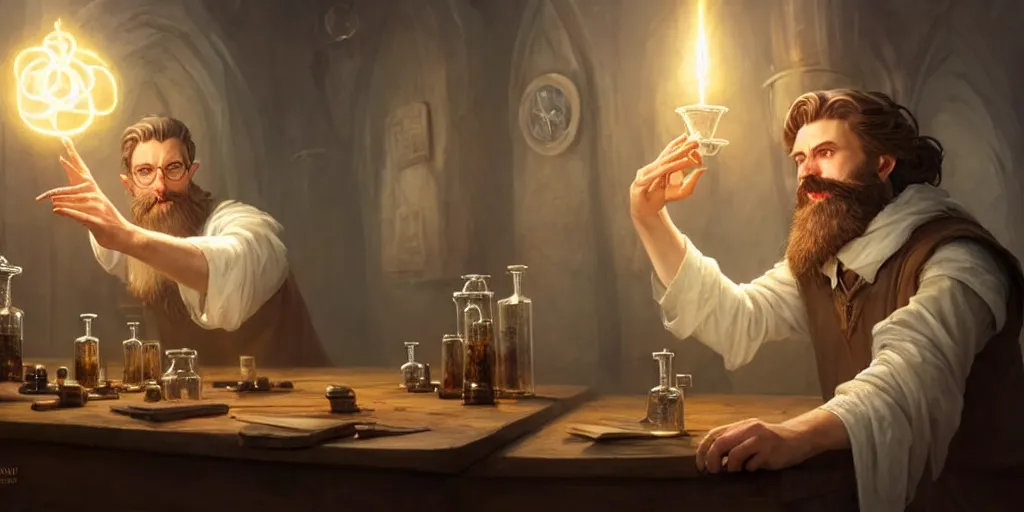 Image similar to a handsome bearded white male wizard with brown hair he is casting a spell emanating from his hands, he is in a alchemist workshop filled with beakers and equipment, neutral hand pose, sharp focus, waist up, 4 k, by greg rutkowski, rudy siswanto and anna podedworna