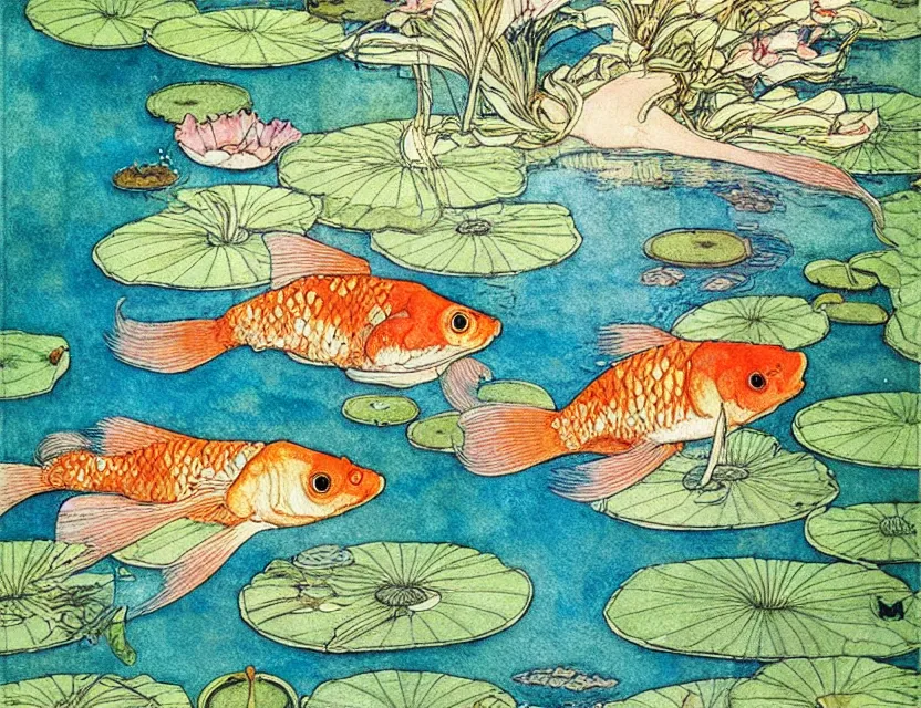 Prompt: single goldfish swimming in a pond full of lily pads seen from above, art by walter crane and kay nielsen, beautiful composition, interesting color scheme and intricate details, watercolor art