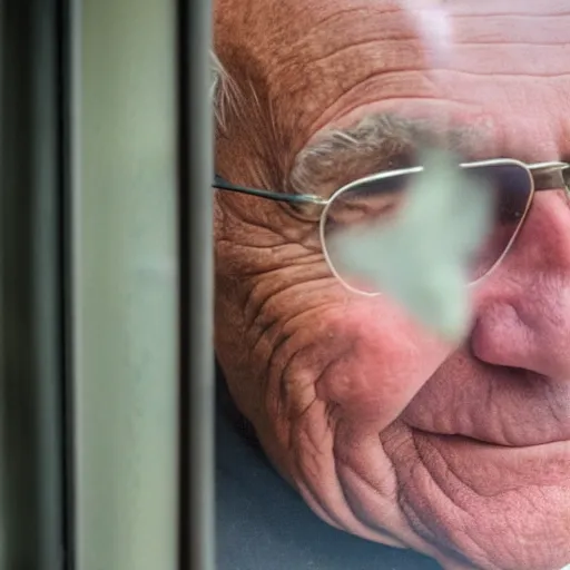 Image similar to a smiling old man seen through a dirty window