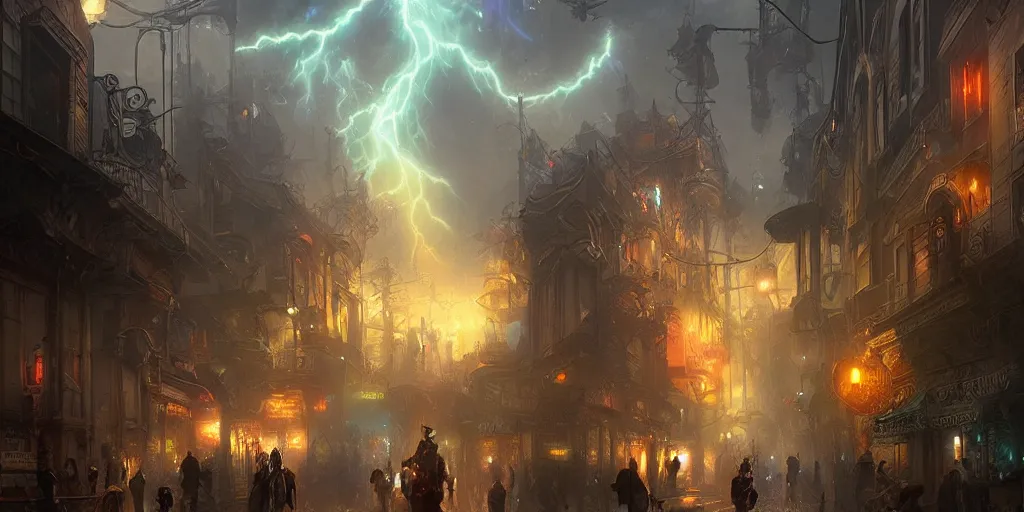 Prompt: a view from the otherworldly streets of santa cruz ca, crowded, beautiful digital painting, volumetric lightning, intricate details, by art germ, by greg rutkowski, vibrant deep colors, amazing fantasy art, clear sharp image, dehazed image