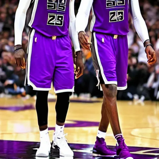 Prompt: LeBron James and Kevin Durant wearing Sacramento Kings jerseys