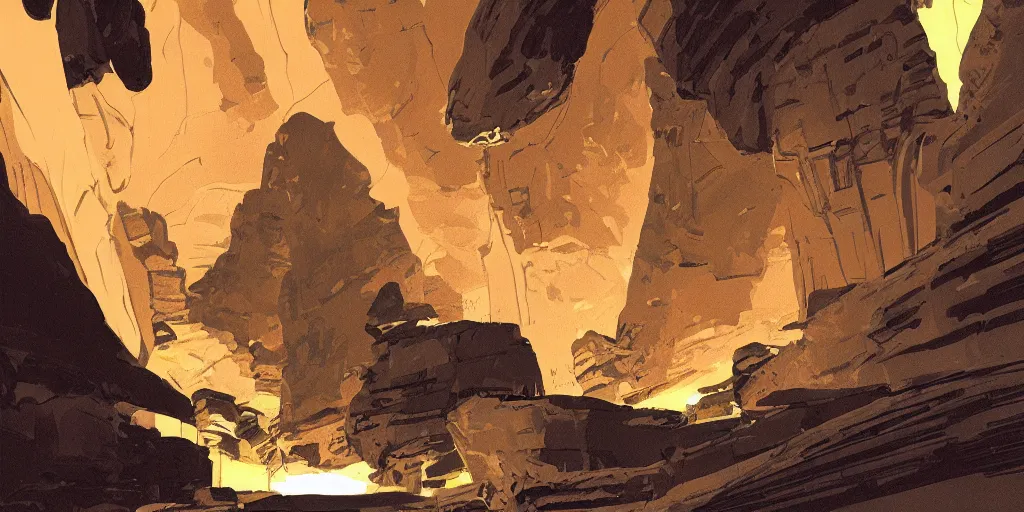 Prompt: looking into lush cavern with light coming out of it, digital painting, drawn by syd mead