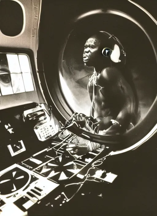 Prompt: analogue photo of an African tribal man Djing to a crowd on a spaceship, view of planet earth in porthole window, wide angle,