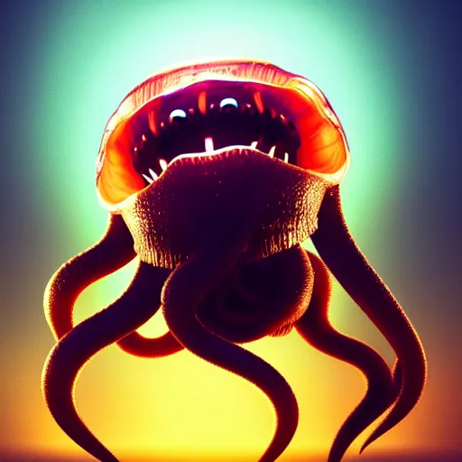 Image similar to a beautiful extreme wide photograph of a horrifying jellyfish monster with huge glowing eyes and sharp fangs in a wide open mouth, highly detailed, smooth, very very clean, 8 k, cinematic movie photograph, cinematic lighting, octane render, zbrush central contest winner, 3 d maya render