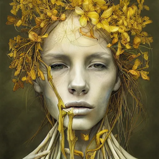 Image similar to masterpiece, woman, bones and veins, yellow, marco mazzoni, zdzislaw beksinksi