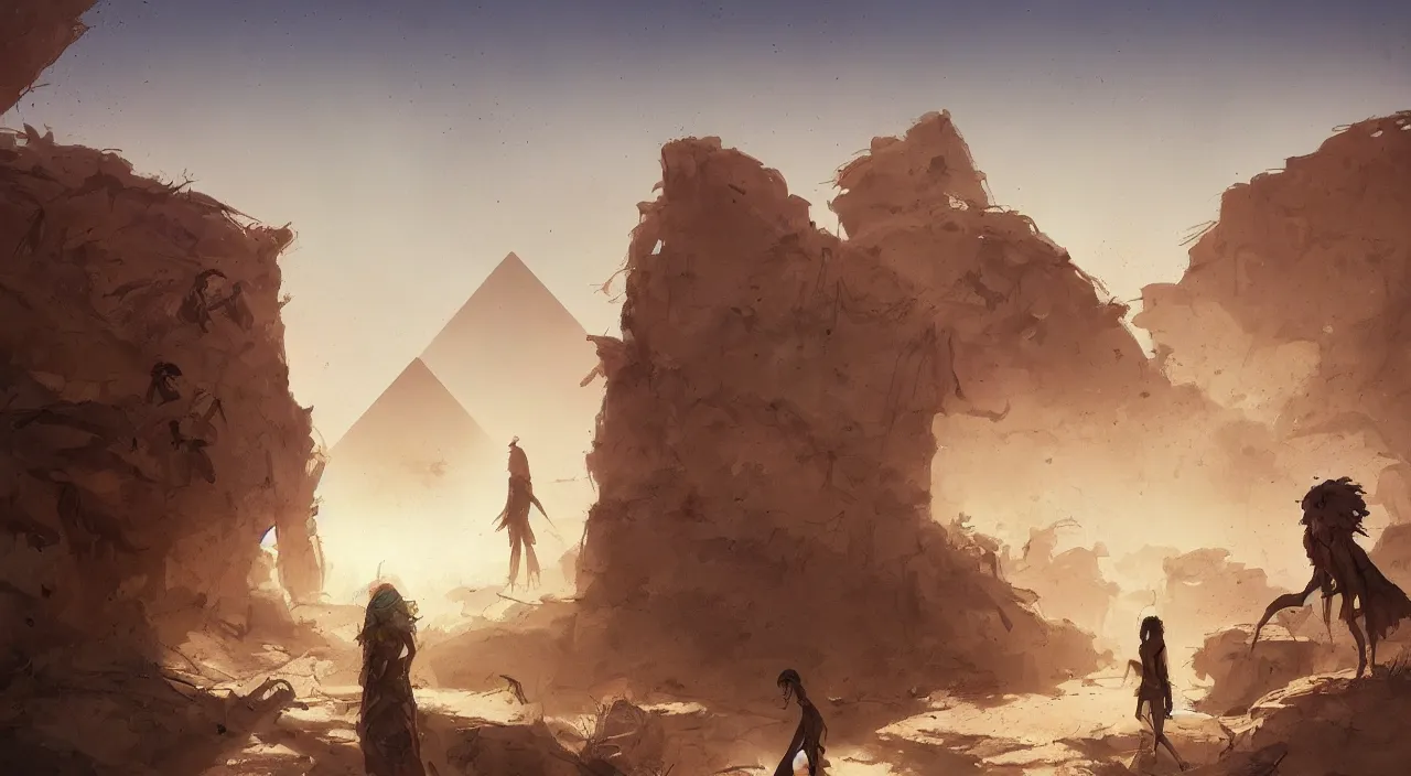 Prompt: egyptian landscape, desert, zombies, by studio ghibli and greg rutkowski,