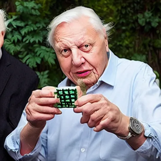 Prompt: Sir David Attenborough next to a Minecraft Creeper