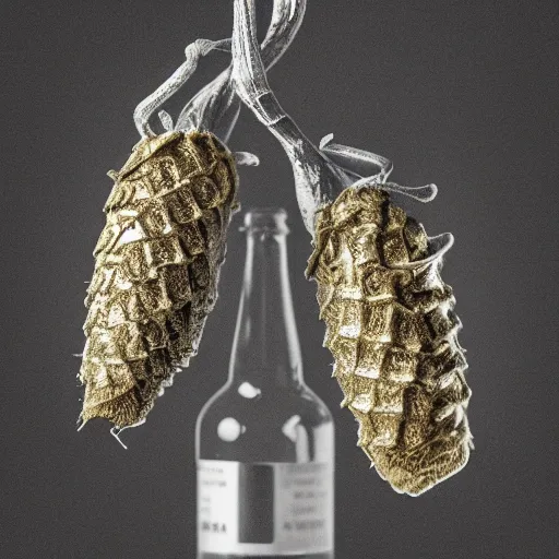 Image similar to hop cone juice, new england ipa, highly detailed silver nitrate photo, light gold accents, smoky bar, black and white, surreal, intricate complexity, horror, trending on art station, photoreal, 8 k, octane render