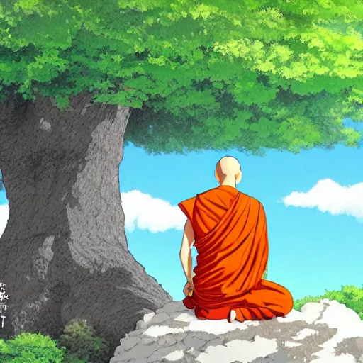 Image similar to Meditating Buddhist monk sat at the base of a large tree on top of a green hill artwork by studio Ghibli