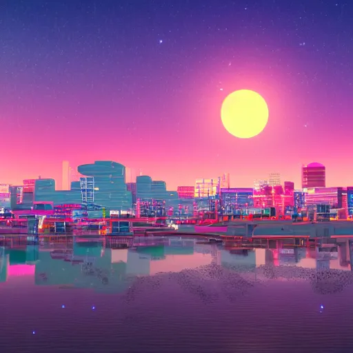 Prompt: synthwave japanese town with moon background, sharp focus, 8 k, high details