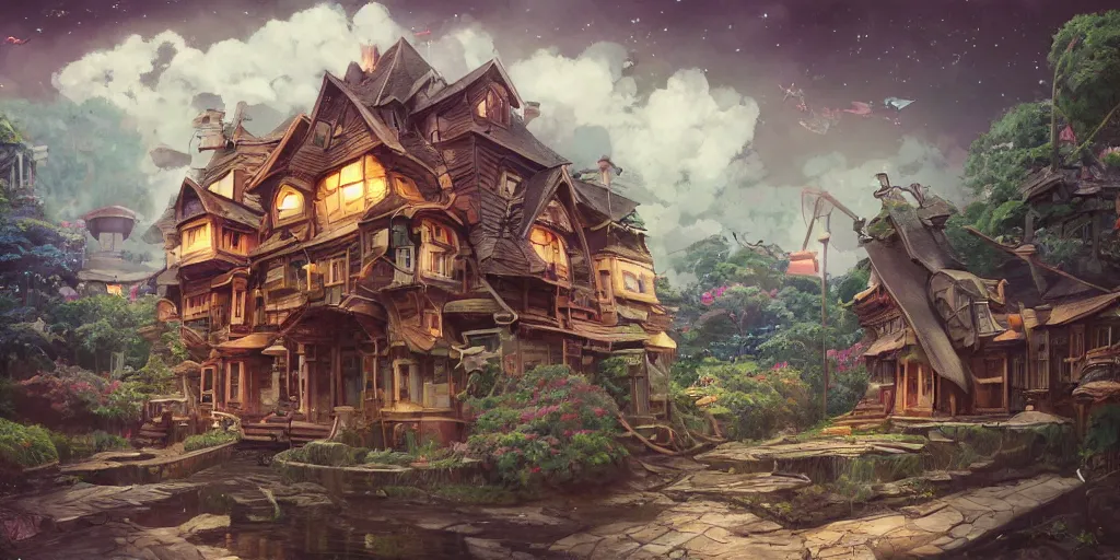 Image similar to a house with mechanical legs, Baba Yaga, cinematic angle, studio Ghibli, volumetric lighting, bold, beautiful composition, intricate, elegant, digital art, detailed oil painting, hyperrealistic, sharp focus, 8k