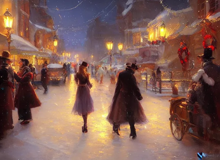 Prompt: night street on christmas by wlop and vladimir volegov and alexander averin and delphin enjolras and daniel f. gerhartz