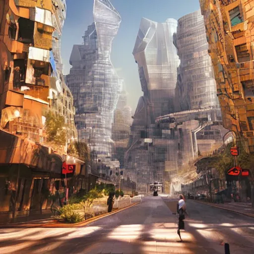 Prompt: thata giant artificial intelligence system designed to collect images of people around the world and enhance their creative processes by mining, selling, selling, and, bya beautiful 3 d matte painting about a futuristic, futuristic street, by gros