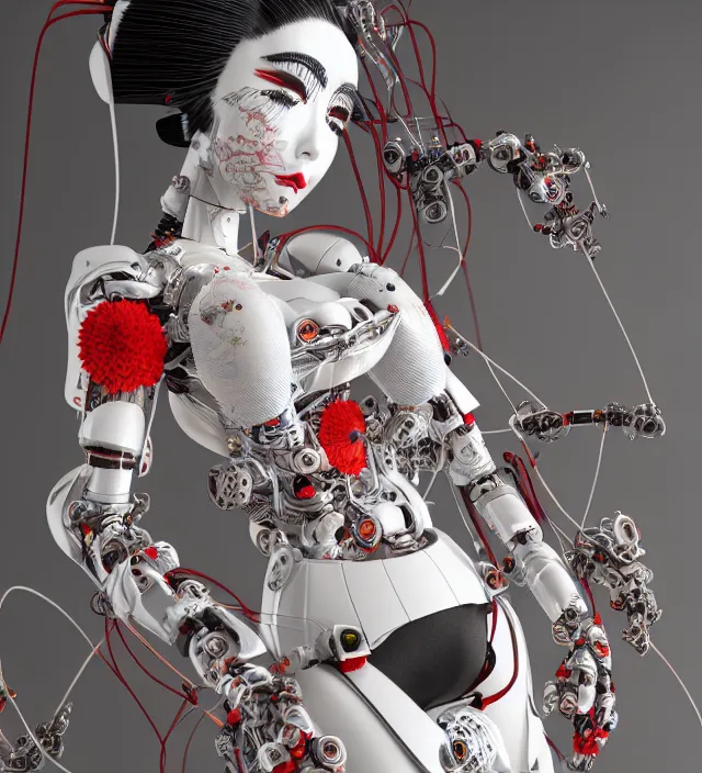 Image similar to full body portrait of a beautiful japanese robotic geisha with wires and kanji tattoos and decals, dramatic lighting, hyper - realistic, ultra - realistic, intricate details, japanese model, 8 k ultra high definition, octane render