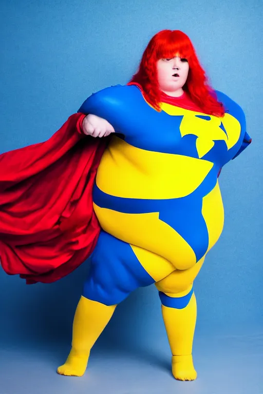 Image similar to a fat and sad superhero with red hair, wearing a blue and yellow costume, photograph, 4 k, high definition,