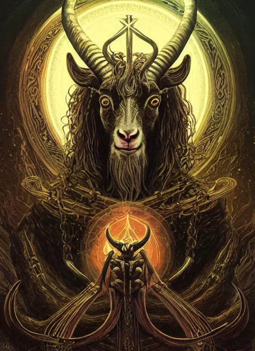 Image similar to elden ring themed orthodox baphomet goat icon tarot card portrait, piercing gaze, byzantine aesthetic, doom, religious, sinister, ornate, intricate, beautifully backlit, subtle tones, digital painting, concept art, smooth, sharp focus, illustration, art by josan gonzalez, greg rutkowski, killian eng and zdizslaw beksinski