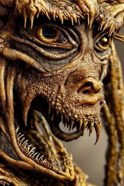 Image similar to photo taken of an epic intricate, ultra detailed, super realistic gritty, lifelike sculpture of a nightmarish hellish creature created by weta workshop, zoomed in shots, photorealistic, sharp focus, white wall coloured workshop, cold, f 0. 4, face centred, golden ratio, golden hour