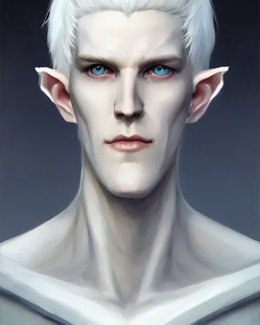 Prompt: character portrait of a slender young white haired half elven man with piercing blue eyes and pale bluish skin, wearing smooth sleek pearlescent black wraithbone armor, by greg rutkowski and mark brookes and jim burns and tom bagshaw and magali villeneuve, trending on artstation