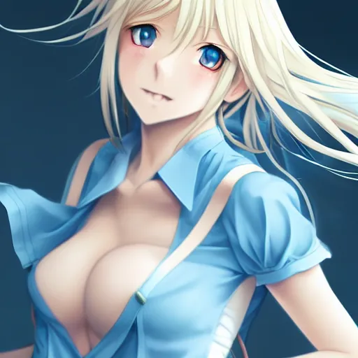 Image similar to a very beautiful anime cute girl, full body, long wavy blond hair, sky blue eyes, full round face, short smile, fancy top, miniskirt, front view, medium shot, mid-shot, highly detailed, cinematic wallpaper by Stanley Artgerm Lau