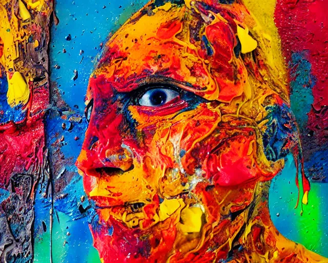 Image similar to abstract expressionist portrait of a head showing strong negative emotions painted with very thick impasto paint and acrylic pour and coloured powder explosion and splashing paint and dripping paint and flying paint chunks, motion blur, hyperrealistic, intricate art photography, anatomically correct, realistic crisp textures, dramatic lighting,