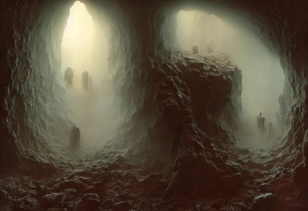 Image similar to will farrell and john c. reilly entering a chasm full of unspeakable cosmic horrors, horror, terrifying atmosphere, atmospheric, by greg rutkowski and zdzisław beksinski, 8 k