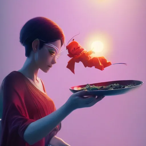 Image similar to movie still macro close photo of happy anonymous holding stirfry to face, by weta disney pixar greg rutkowski wlop ilya kuvshinov rossdraws artgerm octane render iridescent, bright morning, liosh, mucha