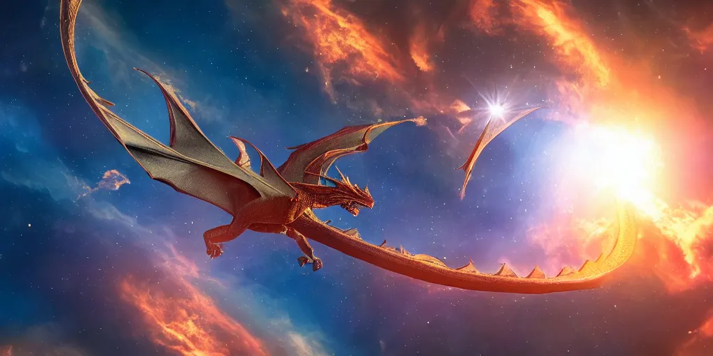 Image similar to photo of dragon in space, beautiful light, sharp focus, elegant, cinematic, higlhy detailed, 8 k, photorealistic