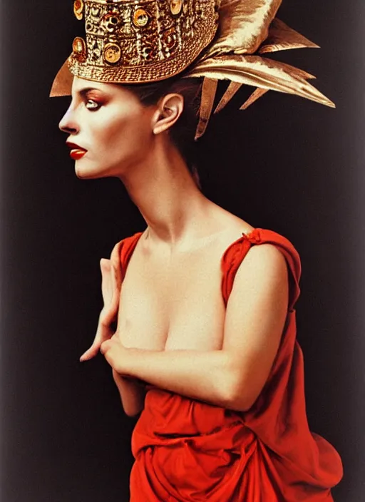 Image similar to portrait of young woman in renaissance dress and renaissance headdress, art by helmut newton