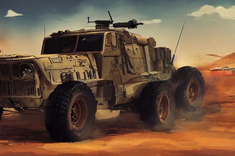 Image similar to dieselpunk digital illustration of mad max's military offroad bmw m 1 ( himars ) by makoto shinkai, ilya kuvshinov, lois van baarle, rossdraws, basquiat