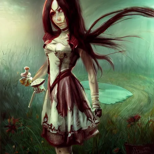 Image similar to alice from alice madness returns, beautiful, mesmerizing, concept art, highly detailed, artstation, behance, deviantart, trending, ken wong