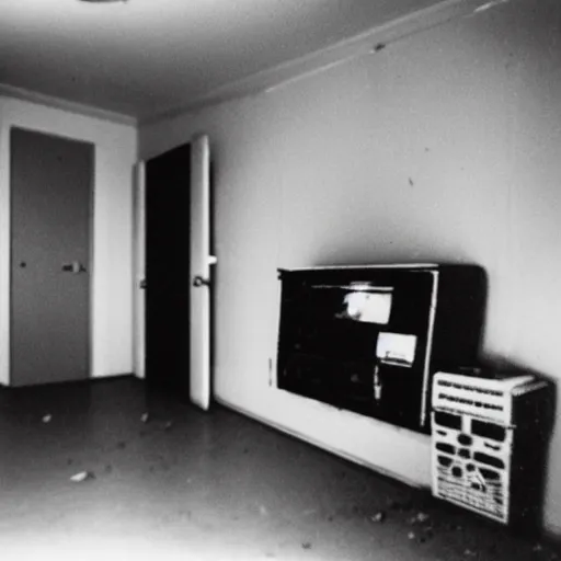 Prompt: Photograph of an old black room with a TV playing an emergency warning, dust in the air, brown wood cabinets, SCP, taken using a film camera with 35mm expired film, bright camera flash enabled, award winning photograph, sleep paralysis demon crabwalking towards camera, creepy, liminal space, in the style of the movie Pulse