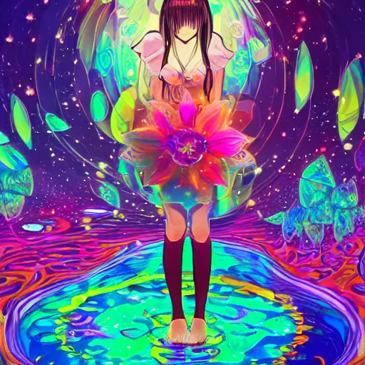 Image similar to psychedelic, whimsical, anime, 4k, Olivia Rodrigo, long trippy hair, a crystal and flower dress, bathing in a reflective pond, underneath the stars, rainbow fireflies, trending on patreon, deviantart, twitter, artstation, volumetric lighting, heavy contrast, art style of Ross Tran and Ilya Kuvshinov