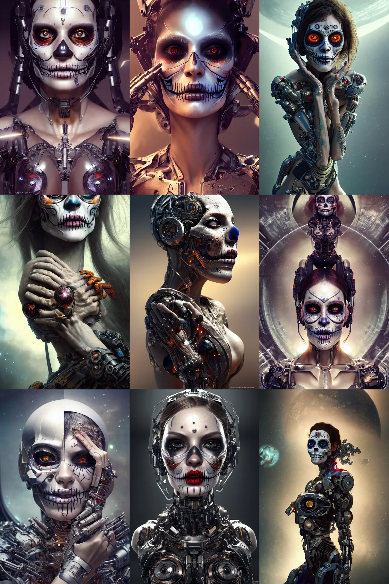 Prompt: crying cyborg woman, octane render, fantasy, concept art, pose, photorealistic, cover shot, interstellar, intricate detailed environment. vogue, ( ( ( el dia los muertos ) ) ), 8 k, hd. by terry o'neill and artgerm and wlop and loish and rutkowski and mucha