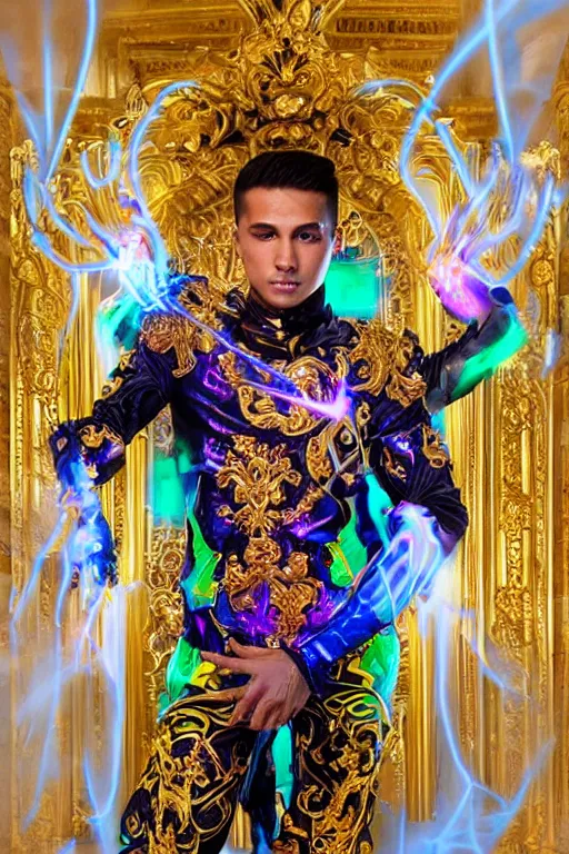 Image similar to full-body sculpture of a young handsome Colombiano prince sin camisa as a half cibernetic android with a glowing blue battery in his chest, white laser beam coming out of his eyes, crown of giant diamonds, flowing neon-colored silk, fabric, raptors, in a cyperbunk and baroque style. baroque elements. full-length view. baroque element. intricate artwork by caravaggio. many many birds birds on background. Trending on artstation, octane render, cinematic lighting from the right, hyper realism, octane render, 8k, depth of field, 3D