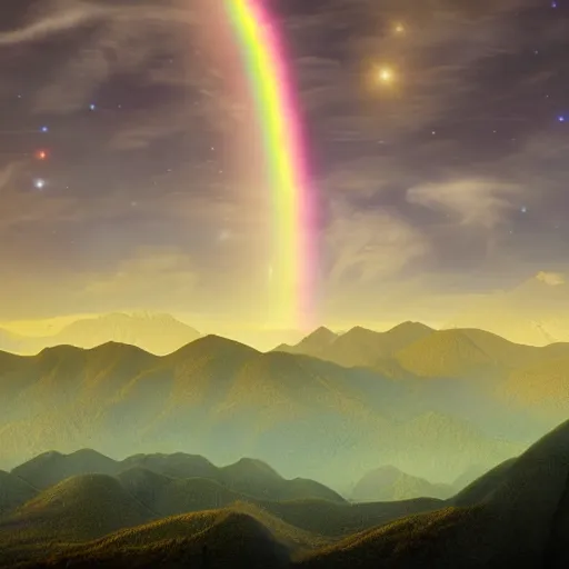 Image similar to fantasy world zoomed out mountains silhouette in the dark rainbow sky, 8 k, hd