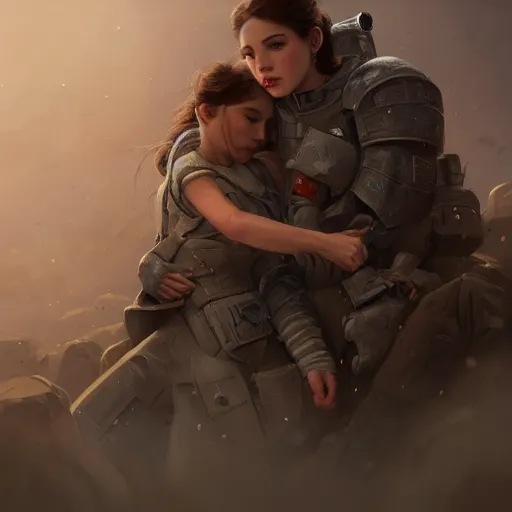 Prompt: epic portrait an space soldier hugging an female medic soldier, battlefield, explosions, cloudy, digital painting, artstation, concept art, soft light, hdri, smooth, sharp focus, illustration, fantasy, intricate, elegant, highly detailed, D&D, matte painting, in the style of Greg Rutkowski and Alphonse Mucha and artemisia, 8k, highly detailed, jurgens, rutkowski, bouguereau, pastoral, rustic, georgic, detailed concept art, illustration, colorful pastel, painting, detail, ultra detailed, digital art, 4K,