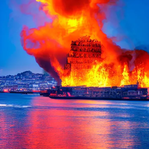 Prompt: the colossus in flames, in a harbor, an ancient city on fire in the background, heavy smoke, 4k