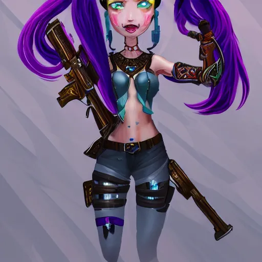 Prompt: portrait of jinx from arcane, bored sitting in a chair, hanging two guns on her hands, artstation, super detailed