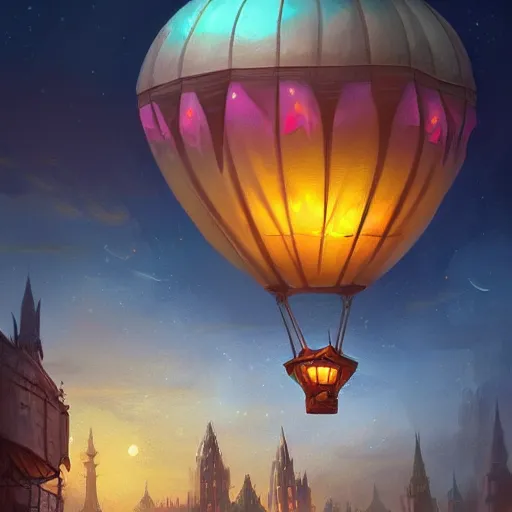 Image similar to a beautiful stunning fantasy whimsical matte digital illustration of a hot - air balloon powered by magic over a lit city at night by marc simonetti, pastel color palette, disney magic the gathering steampunk, chiaroscuro magical bokeh moon stars dramatic romantic, trending on artstation hq, masterpiece